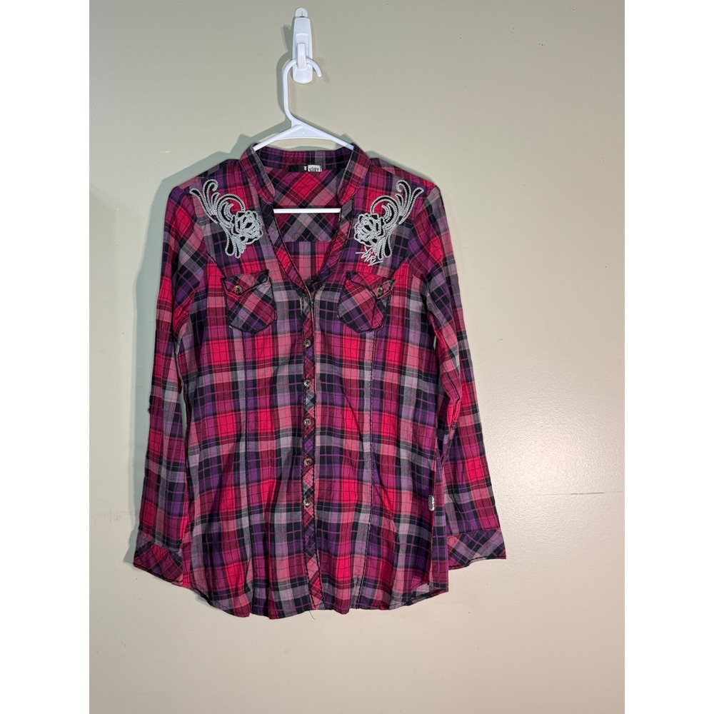 Karv Womens Pink Purple Plaid Button Down Shirt Embroidered Shoulders Size M
